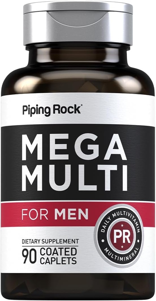 Piping Rock Hombres Multivitamina ← 90 Caplets ← Daily Mega Multimineral Suplemento Silencioso con Vitamina C, D, Magnesio, Zinc ← Non-GMO, Gluten Free