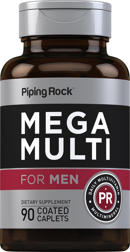 Piping Rock Hombres Multivitamina ← 90 Caplets ← Daily Mega Multimineral Suplemento Silencioso con Vitamina C, D, Magnesio, Zinc ← Non-GMO, Gluten Free