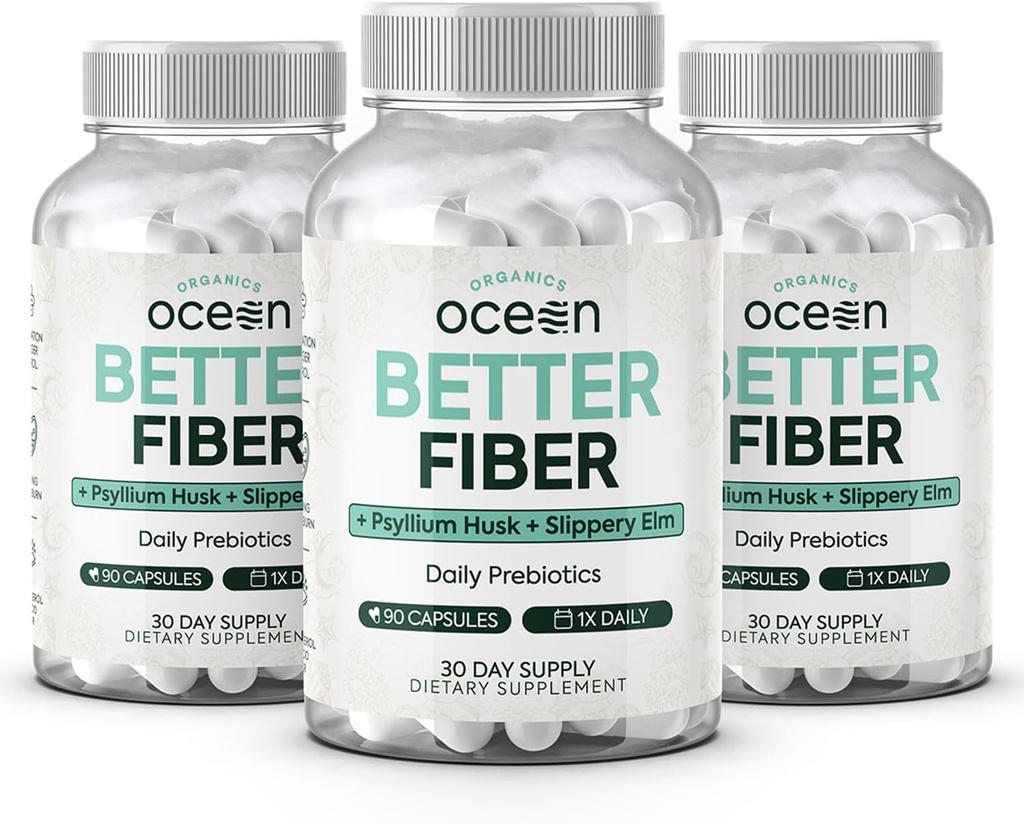 Organics Ocean Better Fiber - Suplemento diario de fibra - Soften Stool for Effortless Bowel Movements - con Psyllium Hulk y Slippery Elm - 3 Botellas