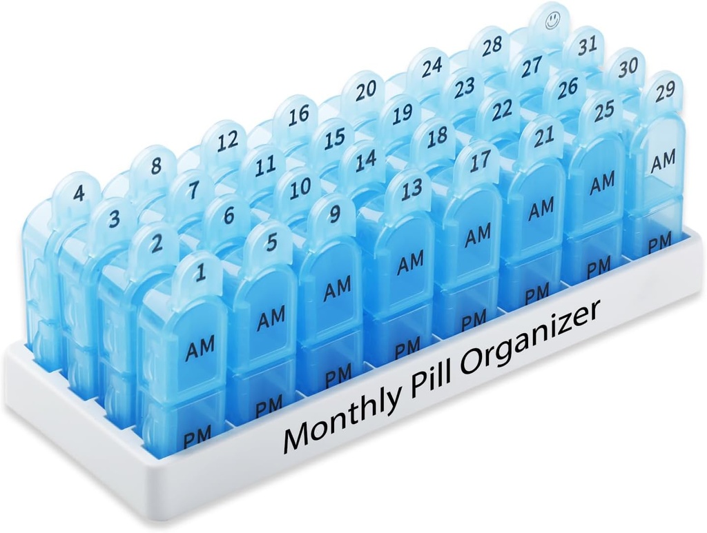 Daviky Monthly Pill Organizer 2 Times a Day, 30 Day Pill Box AM PM with Separate Container, One Month Medicine Case Twice a Day to Hold Vitamins, Supplements and Medication (Blue)