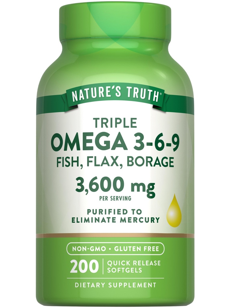 Nature's Truth Triple Omega 3 6 9 | 3600mg | 200 Softgels | Fish, Flax, and Borage Oils | Non-GMO & Gluten Free Supplement