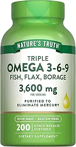La verdad de la naturaleza Triple Omega 3 6 9 Silencio 3600mg Silenciosos 200 Softgels  durable Fish, Flax, y Borage Oils ← Non-GMO & Gluten Free Supplement