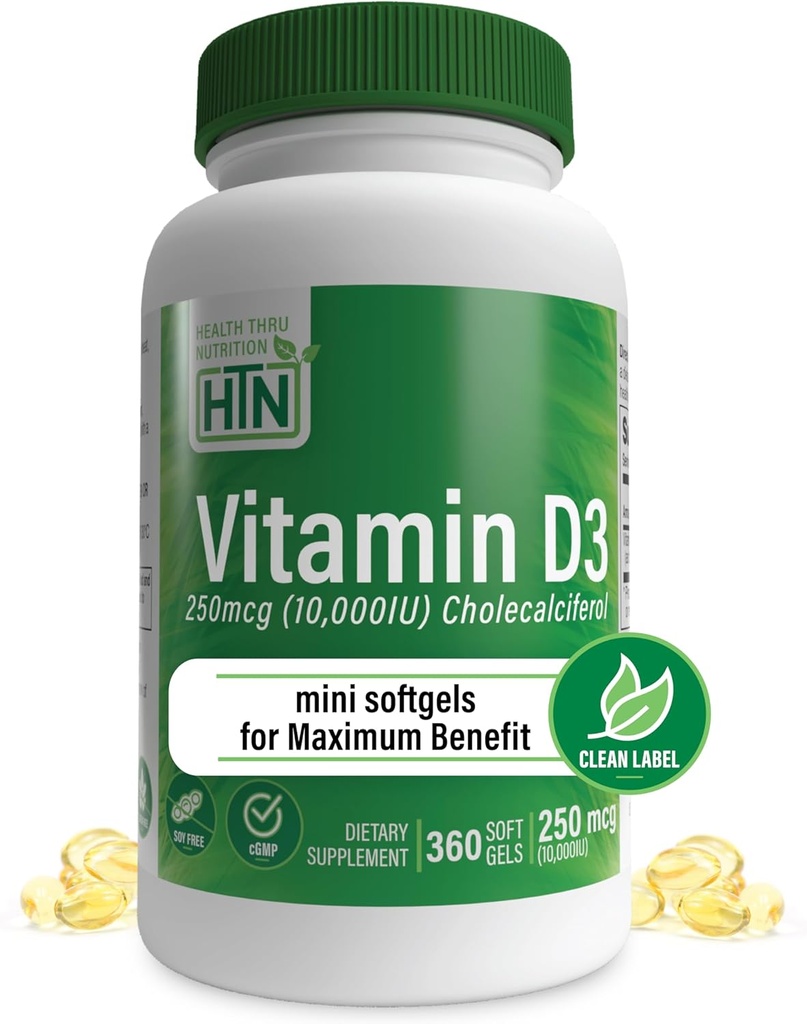 Salud Thru Nutrición Vitamina D3 10,000iu 360 Mini Softgels para Máximo Benefit Año Suministro Silencio 250mcg Cholecalciferol Silencio 3er Parte Testado  Grado en EVOO OrgÃ©nico Silencioso Salud Apoyo