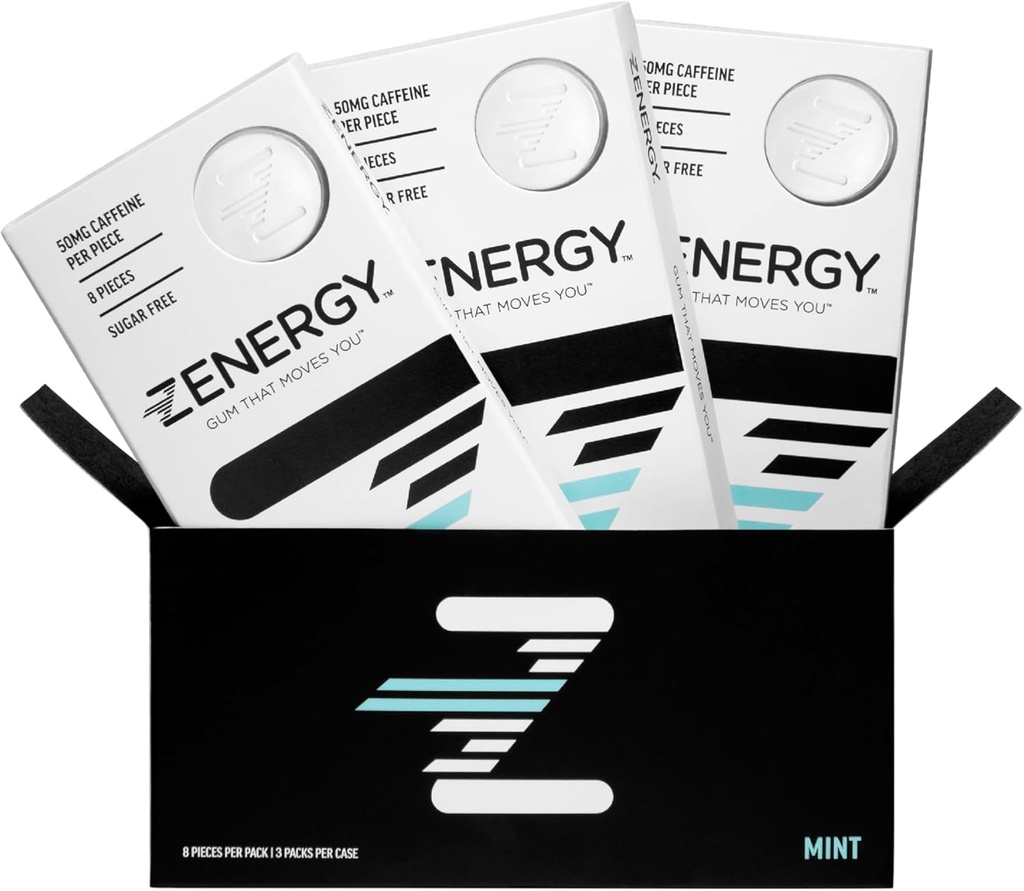 ZENERGY Energy Gum - Mint Flavor | 50mg Caffeine + 35% B6 and 45% B12 Vitamin | Vegan, 0 Sugar, 0 Calories, 0 Gluten, 0 Aspartame, Non-GMO, Instant Action | 3 Pack = 24 Count