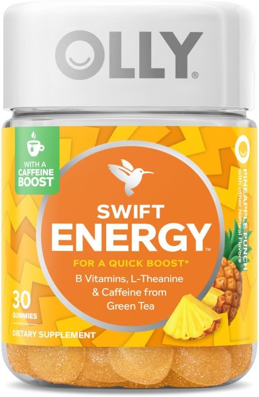 OLLY Swift Energy Gummy, Caffeine de té verde, vitaminas B, L Theanine, suplemento de adultos chewable, piña, 10 Day Supply - 30 Count