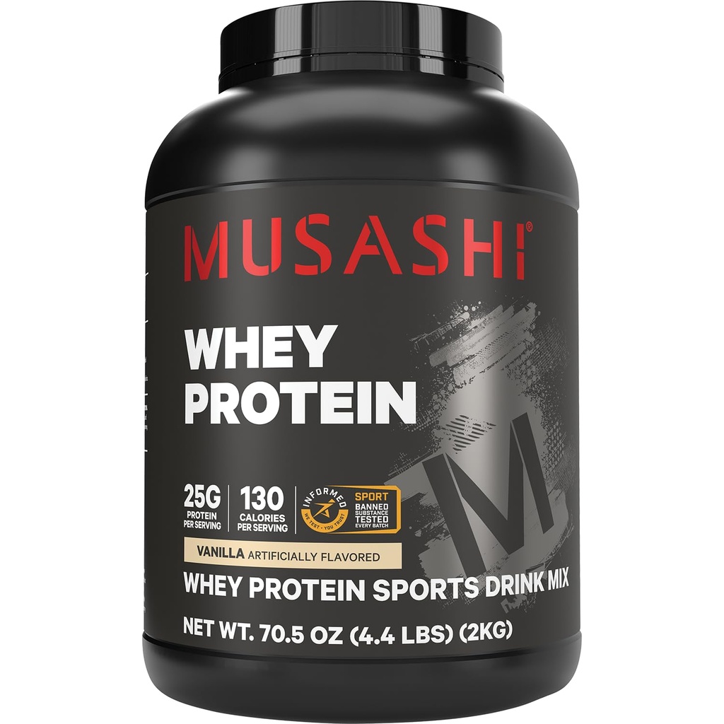 Musashi Whey Protein Powder, Vanilla, 2kg (4.4 lb), WPC & WPI Blend, 25g Protein, 130 Calories per Serving