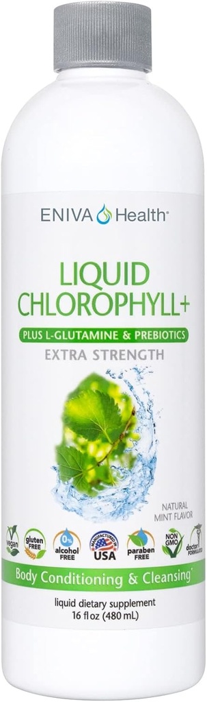 Eniva Health Liquid Chlorophyll Super Greens TEN 24K MG with Prebiotic & L-Glutamine TEN Mint Flavor ← Skin, Immunity, Energy, Detox, Gut Health TEN Vegan, Gluten &amp; Alcohol-Free TEN 48 Servings TEN USA Made