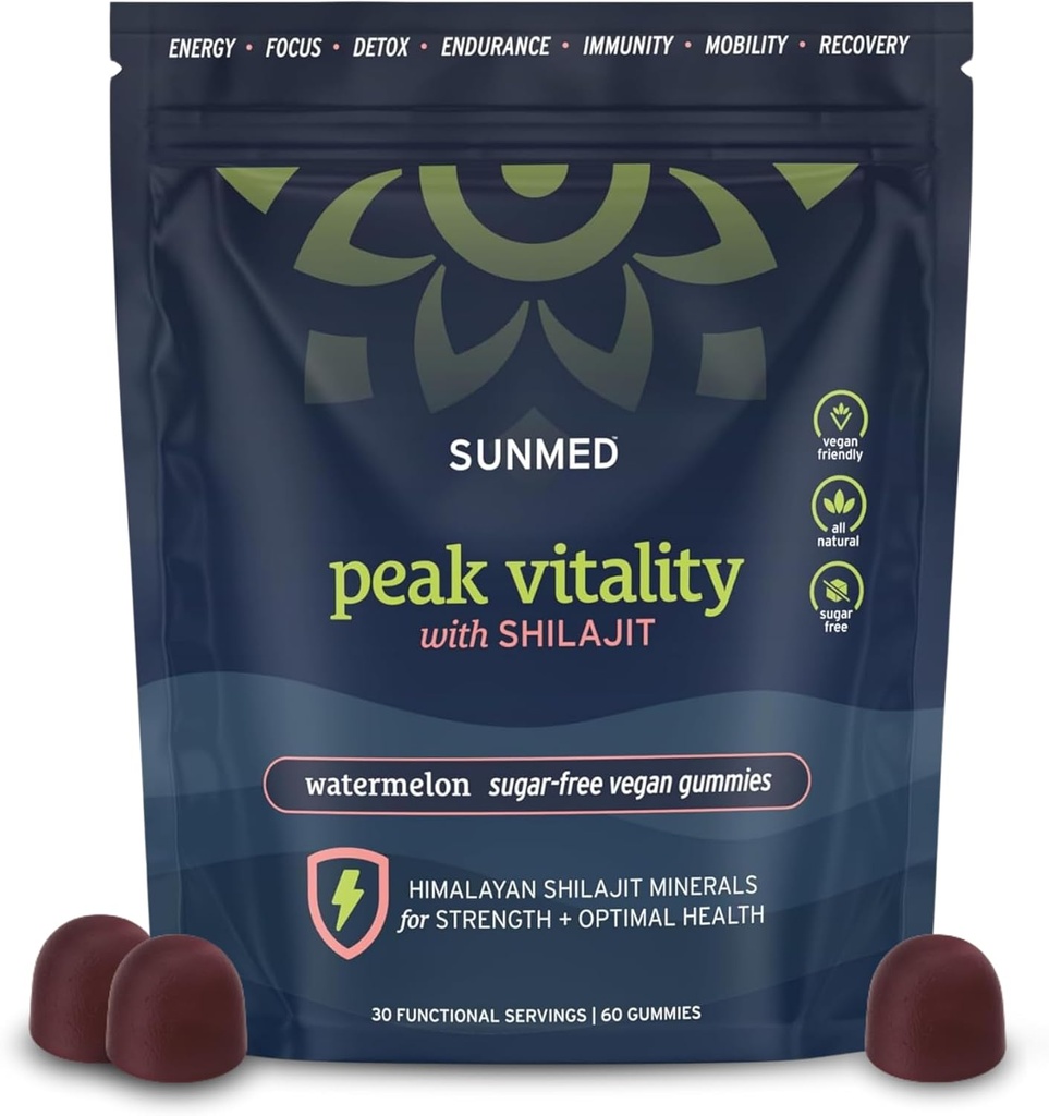 Peak Vitality Himalayan Shilajit Gummies for Strength, Energy & Optimal Health – Sugar-Free, Vegan, All-Natural – Cognitive Focus, Recovery, Immunity – Watermelon Flavor, 60ct