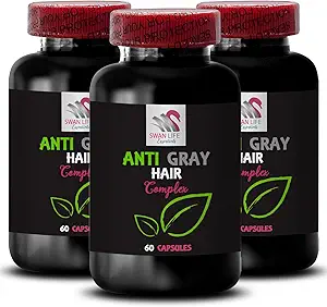 Suplemento de pelo gris - ANTI GRAY HAIR COMPLEX - Pelo gris, Equilibrio de tono de pelo, Color vibrante, Renovación de color de pelo, tono fresco, Longevidad de color, Solución de pelo gris 3 botellas 180 cápsulas