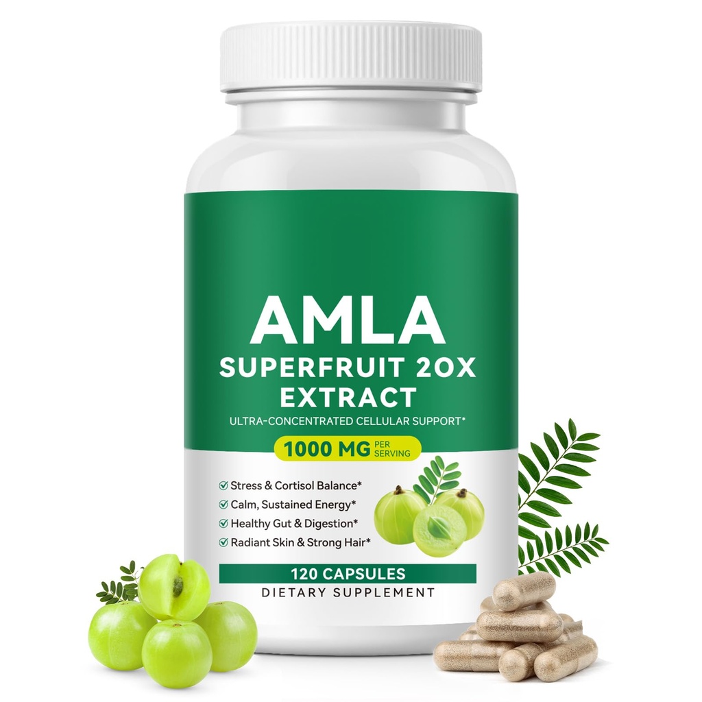 Organic Amla Capsules 1000mg 20X Superfruit Concentrate Amalaki Fruit Extract Indian Gooseberry Antioxidant Supplement for Stress Balance, Digestive Support, Radiant Skin & Hair 120 Veggie Capsules