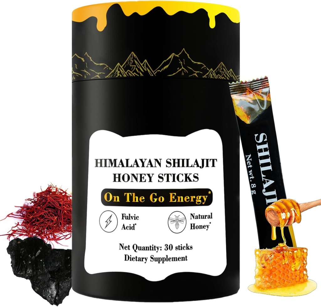 Himalayan Pure Nutritious Shilajit Honey Sticks Gold- Saffron, Honey - 75% Fulvic Acid, 85+ Trace Minerals - para Hombre Mujeres - 30 Sticks(Shilajit Honey 30 Sticks)