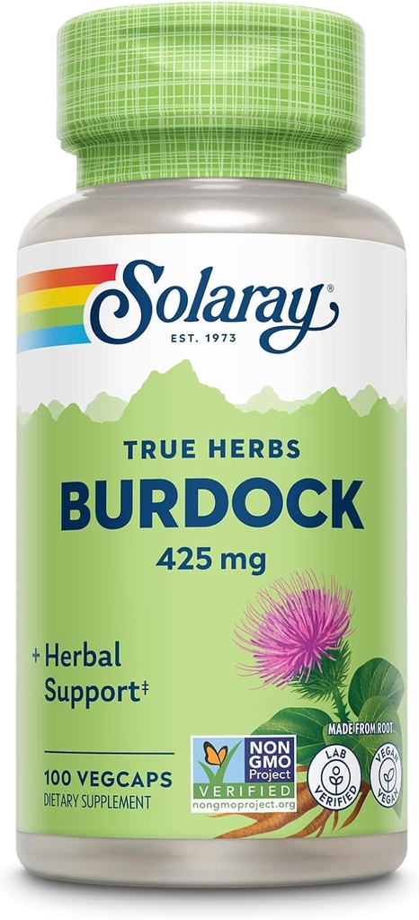 SOLARAY Burdock Root 425 mg - Healthy Liver, Kidney, Digestion, Circulation, Joint & Skin Support - Antioxidant Activity - Non-GMO - 100 VegCaps