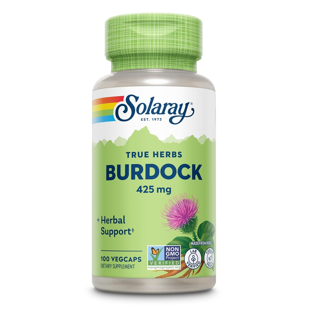 SOLARAY Burdock Root 425 mg - Vida sana, Riñón, Digestión, Circulación, Soporte de piel conjunto - Actividad antioxidante - No GMO - 100 VegCaps