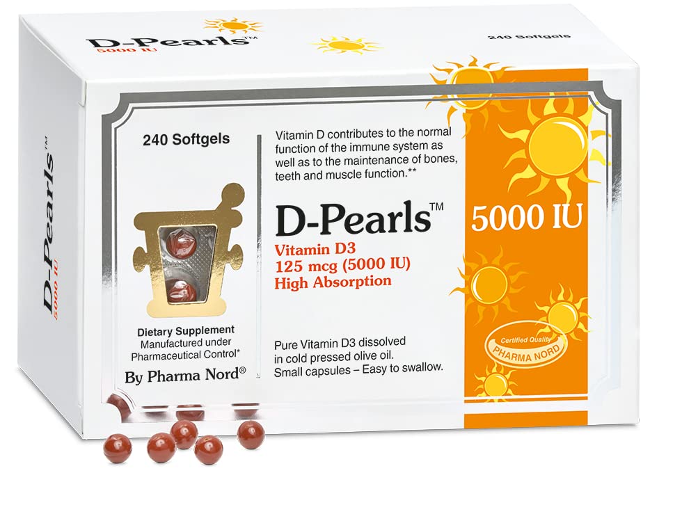 Pharma Nord D-Pearls 5000 iu (125 mcg) High Potency Vitamin D3 – High Absorption Mini Softgels in Organic Olive Oil, Immune, Bone, & Muscle Support, Non-GMO, Gluten-Free, 240 Count