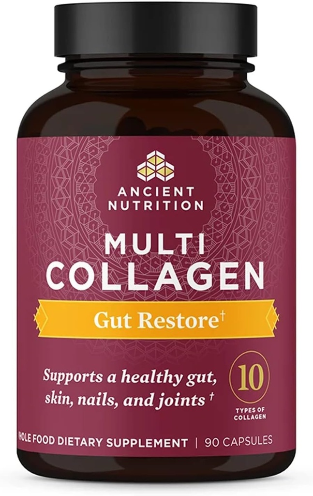Píldoras antiguas de colágeno de nutrición con probióticos para Gut Health, Multi Collagen Capsules Gut Restore 90 Ct, Soporta Gut, Juntas, Pelo &amp; uñas, Gluten Free, Paleo y Keto Friendly