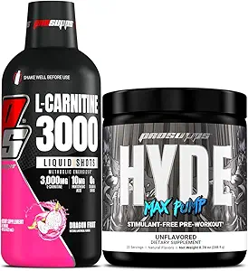 PROSUPPS L-Carnitine 3000 Stimulant Free Liquid Shots (31 Servings, Dragon Fruit) y Hyde Max Pump Pre Workout para Hombres y Mujeres (20 Servings, Unflavored) Bundle