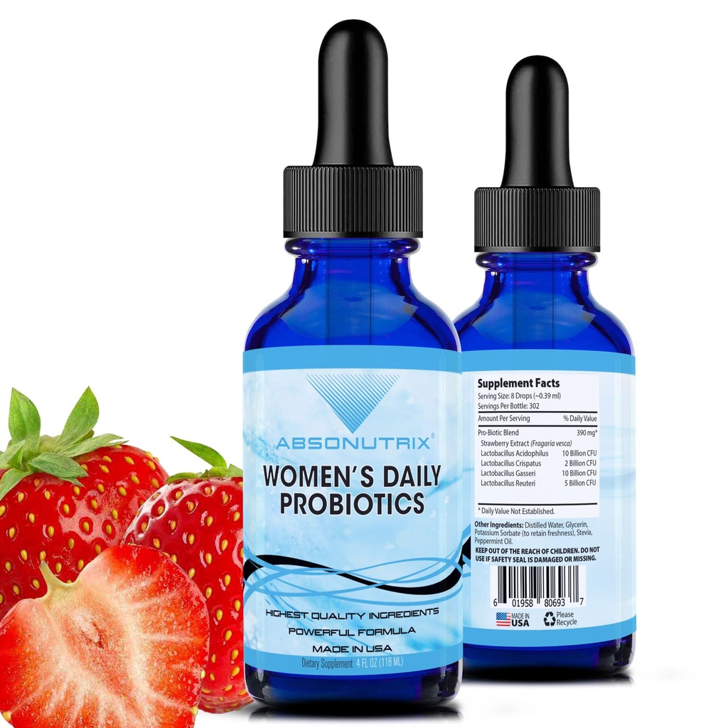 Probióticos diarios para mujeres Absonutrix 390 mg, 4 Oz Liquid, 302 Servings, Hecho en EE.UU., Absorción rápida, Ingredientes de potencial de calidad, No GMO, GMP Centro certificado, Productos sin crueldad