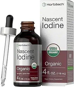 Horbaach Nascent Iodine Drops ← 4 Fl Oz ← Orgánica Liquid Tincture Suplemento Silencio como Potasio Iodide ANTE Vegan, Non-GMO, y Gluten Free