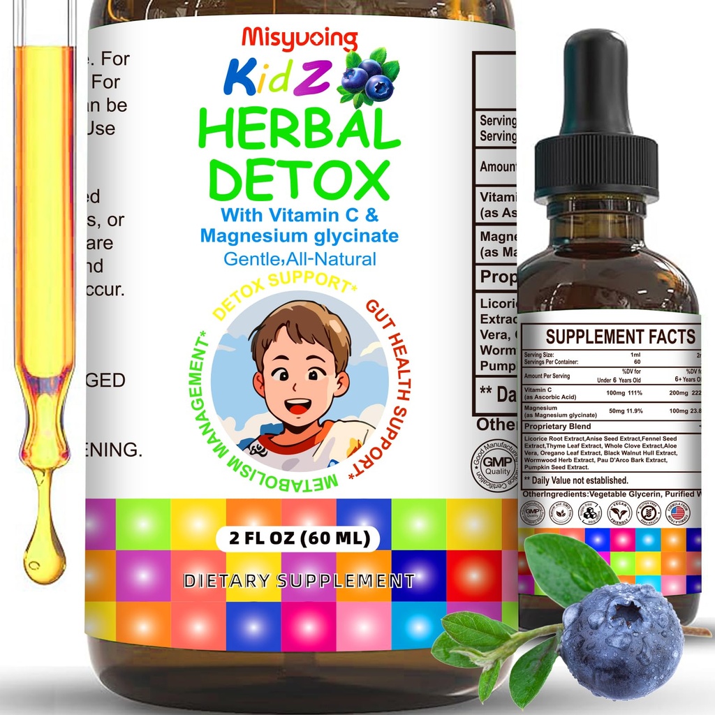 Natural Herbal Gut Support for Kids and Adults,Supports Body Cleansing, Immune Support,Improve Concentration,Vitamins C & Magnesium Glycinate,Sugar-Free (60ml, Blueberry)