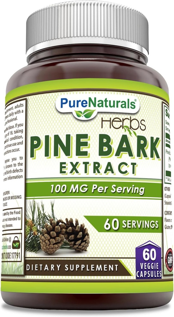 Naturales puros Pine Bark Extract Suplemento Silencio 100 Mg Por Serving ← 60 Veggie Capsules ← No GMO ← Gluten Free ← Made in USA