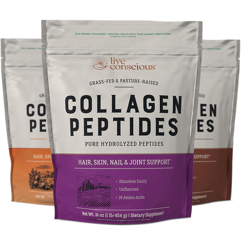 Live Conscious Collagen Peptides Flavor Bundle - Unflavored, Chocolate, Peach Mango Flavored Collagen Powder - Hair, Skin, Nail, & Joint Support - Type I & III Collagen Supplements for Women & Men