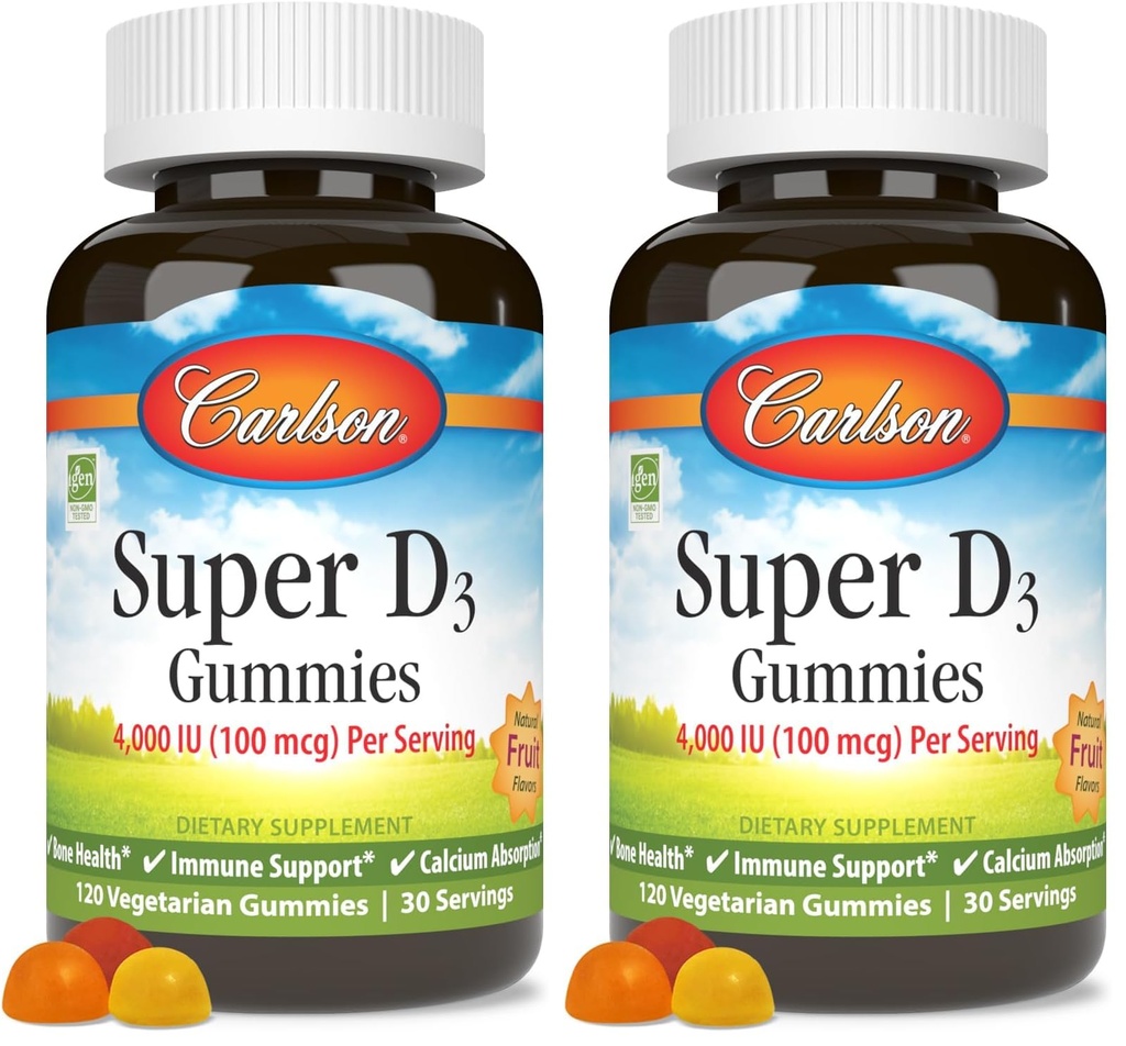 Carlson - Super D3 Gummies 4,000 IU (100 mcg), Bone Health, Immune Support & Calcium Absorption, Natural Fruit Flavors, 120 Vegetarian Gummies (Pack of 2)