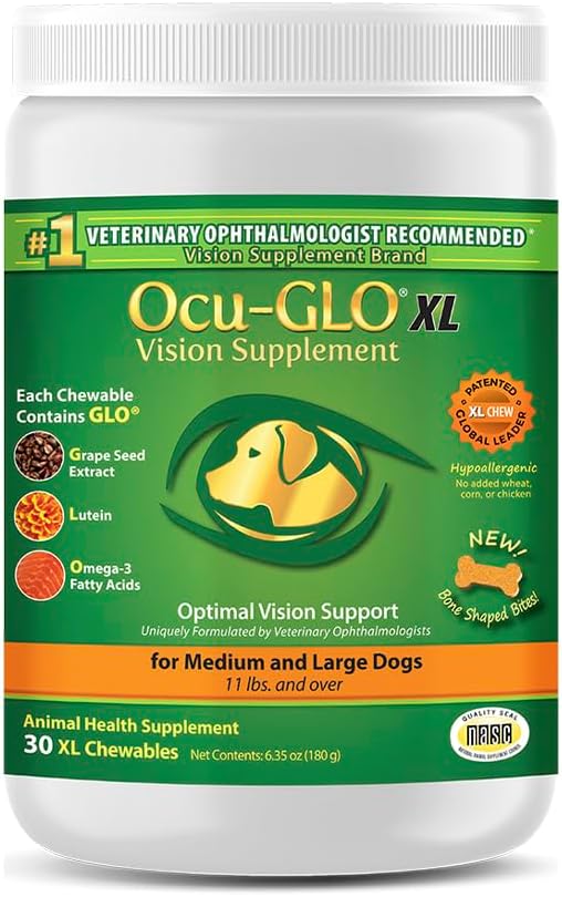 Ocu-GLO Cat &amp; Dog for Eye Support - Chewable Vision Supplement for Large and Small Pets Care with Lutein, Omega-3 Fatty Acids, Grape Seed Extract & Antioxidants 30 XL Chewables