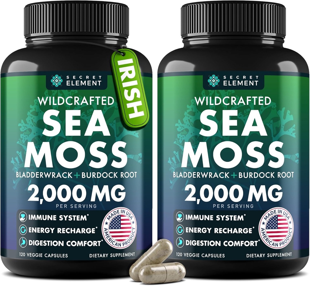 Sea Moss Capsules - Irish Sea Moss Advanced with Burdock Root, Bladderwrack &amp; Muira Puama for Immunity, Gut, " Energy - Superfood Sea Moss Supplements w/Raw Sea Mos Powder (2 Pack)