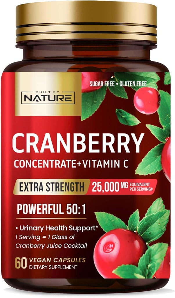 Construido por Nature Cranberry Pills 25,000mg - Extra Strength 50:1 Concentrate Extract with Vitamin C - Urinary Tract Health Supplement for Women - Non-GMO, Sugar Free, Vegan - 60 cápsulas