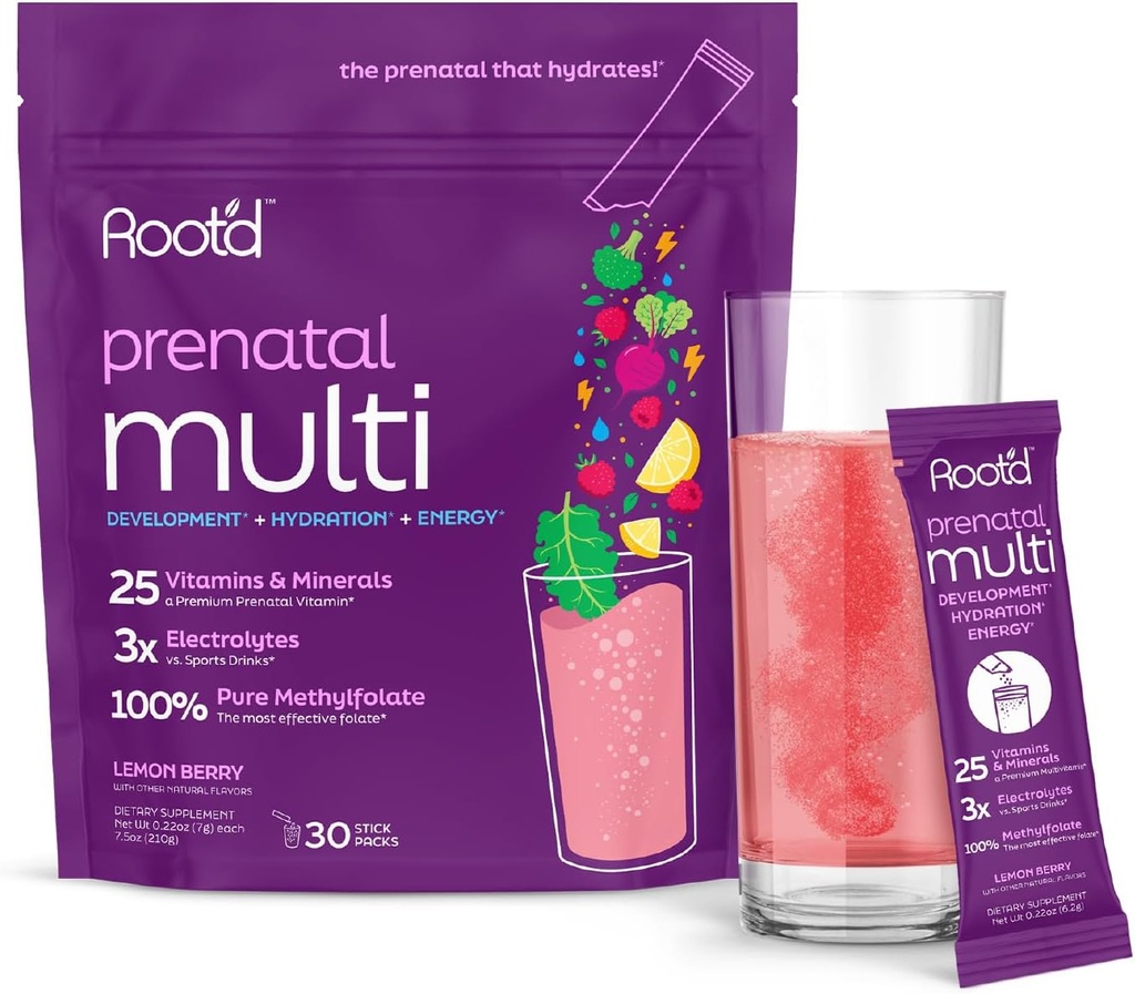 Polvo multivitamina prenatal - 25 vitaminas " minerales con electrolitos 3x, folato, hierro, D3 para mamá " bebé, 7 superalimentos " probióticos, vitaminas libres de azúcar " .
