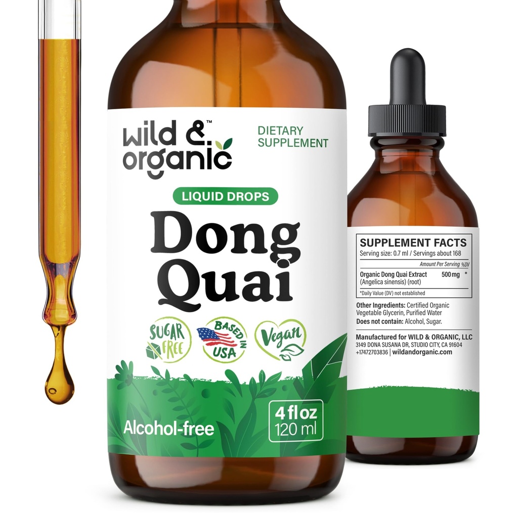 Wild & Organic Dong Quai Supplement - Menopause Supplements for Women - Dong Quai Root Extract - Angelica Root Herb Tincture - Female Ginseng Liquid Extract - No Sugar & Alcohol - 4 fl oz