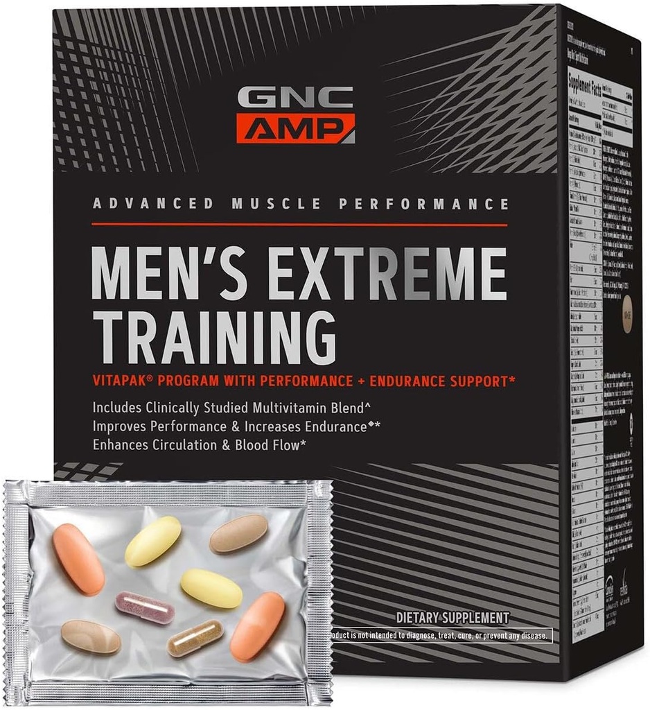 Programa de Vitapak de Entrenamiento Extremo para Hombres GNC AMP, 5 Productos en 1, Paquete de Vitamina Conveniente para el Rendimiento & Resistencia, Multivitamina de Adultos, Ingredientes Provenidos, Caffeine, Oxide Nitrico, 30 Day Supply