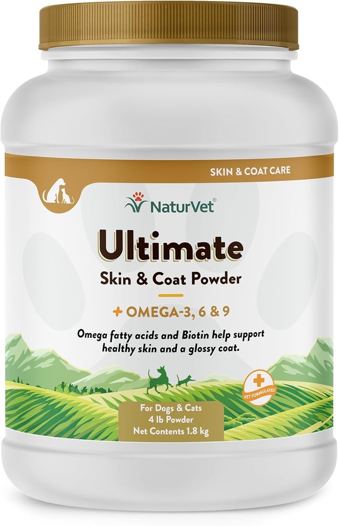 NaturVet Ultimate Skin &amp; Coat Powder Pet Supplement for Dogs & Cats – Incluye Omegas 3, 6, 9, Biotina, Vitaminas – Para la piel sana del perro, la piel del gato – Tasty Food Topper para mascotas – 4 libras.