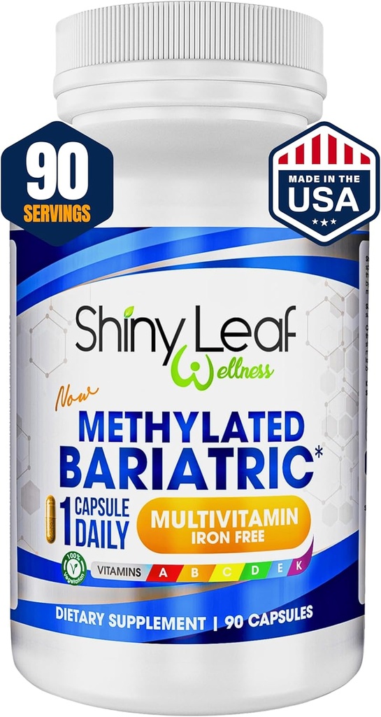 Hoja brillante Multivitaminada Bariatrica Sin Hierro – Vitaminas para Bypass Gástrico &amp; Sleeve, 1 Daily Capsule W Folato Metilado, B12, A, C, D, K &amp; More. Vegetariano, Libre de Soy, USA Made (90 Ct.)