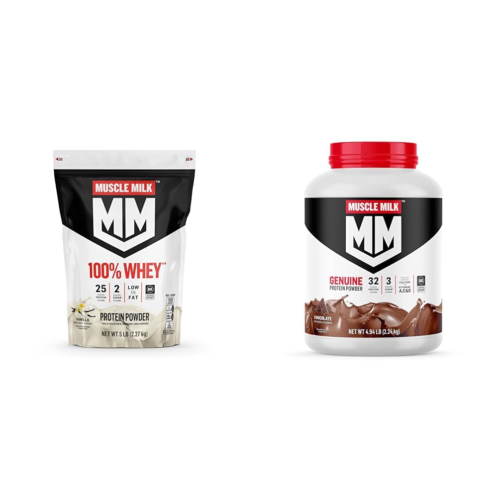 Muscle Milk 100% Whey Protein Powder, Vanilla, 5 Pound, 68 Servings, 25g Protein, 2g Sugar & Genuine Protein Powder, Chocolate, 4.94 Pound, 32 Servings, 32g Protein, 2g Sugar