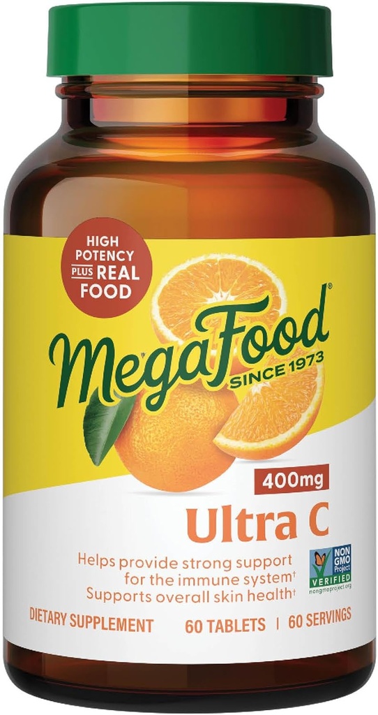 MegaFood Ultra C 400 mg - Suplemento Vegan Immune Support con Vitamina C, Hecho con Alimentos Reales Incluyendo Brocoli, Carrot, Cranberry &amp; Brown Rice, Gluten-Free, Kosher - 60 Tabletas, 60 Servings
