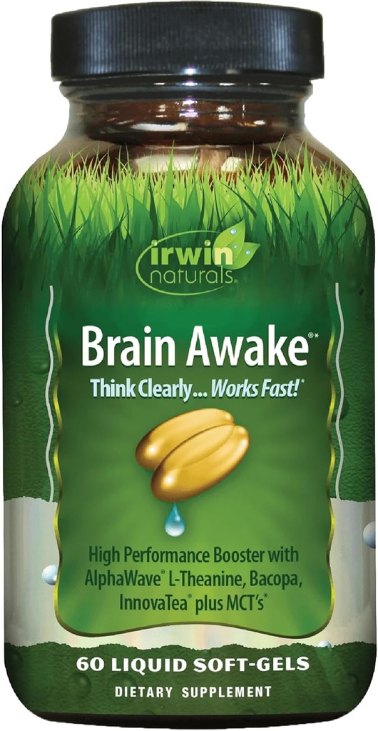 Irwin Naturals Brain Awake Rendimiento mental mejorado, mayor foco, mayor claridad y concentración - potente Booster nootrópico con L-Theanine, Bacopa, MCT's & InnovaTea - 60 Liquid Softgels