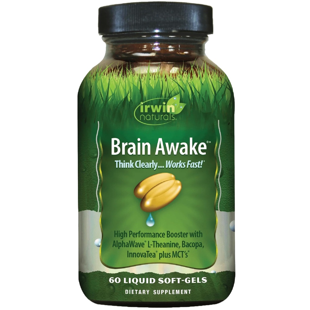 Irwin Naturals Brain Awake Rendimiento mental mejorado, mayor foco, mayor claridad y concentración - potente Booster nootrópico con L-Theanine, Bacopa, MCT's & InnovaTea - 60 Liquid Softgels