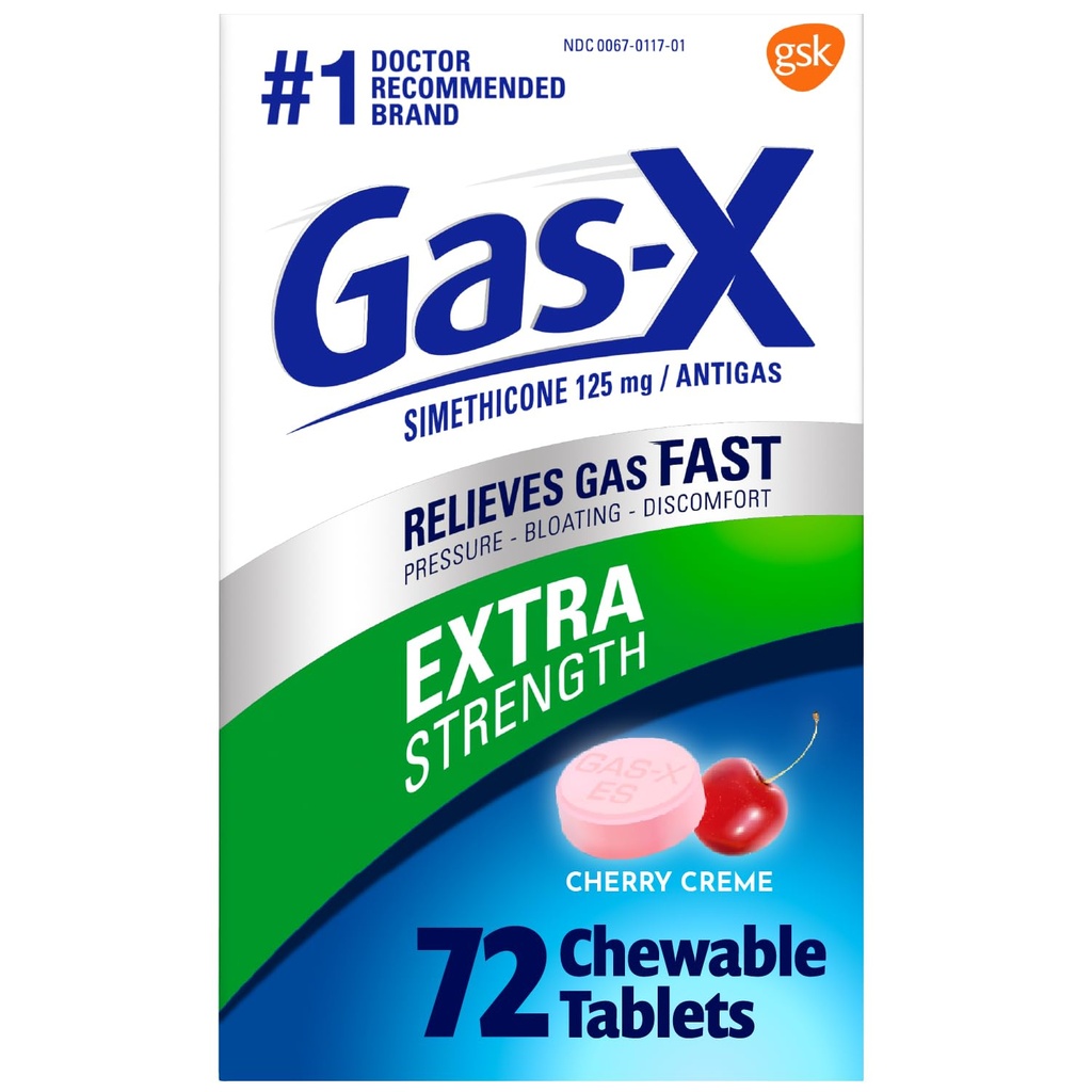 Gas-X Extra Strength Chewable Gas Relief Tablets with Simethicone 125 mg for Bloating Relief, Cherry - 72 Count