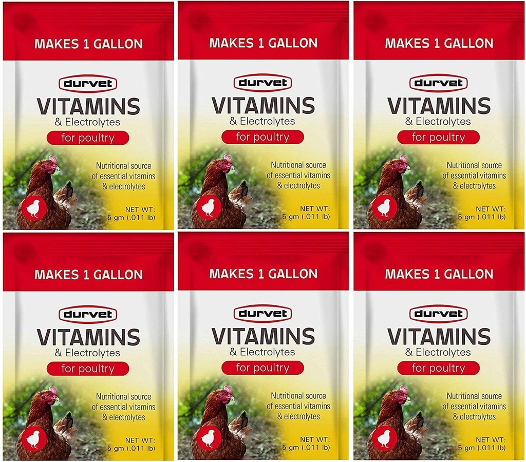 Durvet 6 Pack de vitaminas y electrolitos para la aves, 5 gramos, hace 6 galones