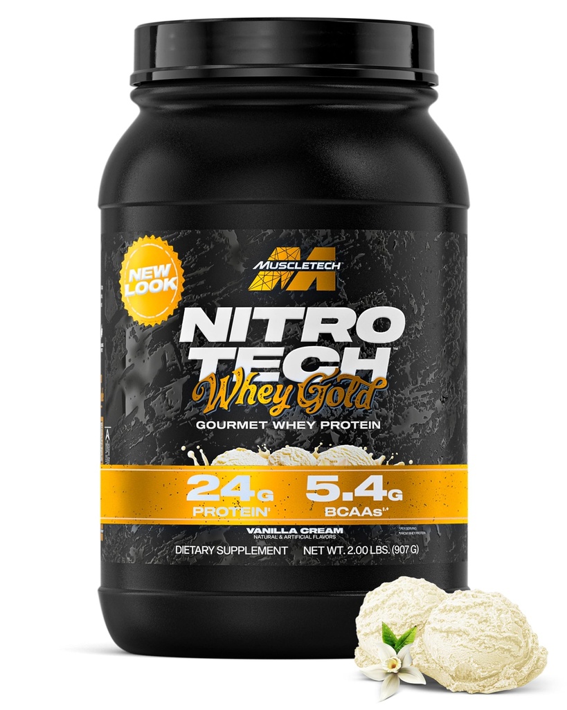 MuscleTech Whey Protein Powder (Vanilla Cream, 2LB) - Nitro-Tech Whey Protein Isolate Smoothie Mix for Lean Muscle & Recovery - 24g of Whey Gold for Women & Men - Packaging May Vary