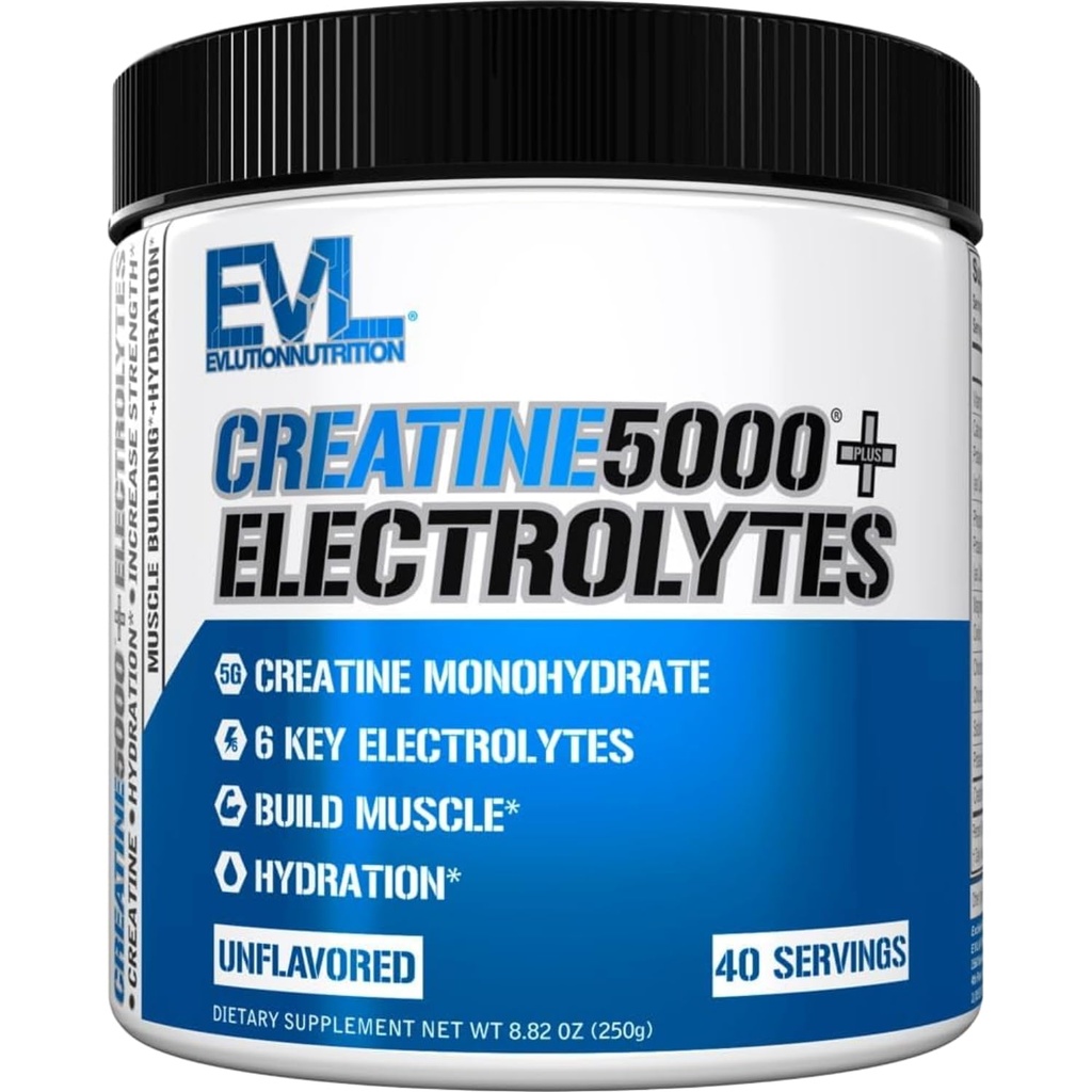 Evlution Nutrition Creatine 5000 + Electrolytes - Supports Faster Recovery, Lean Muscle Growth & Hydration - 5g Creatine Monohydrate & 6 Key Electrolytes Per Serving - 40 Servings - Unflavored Powder