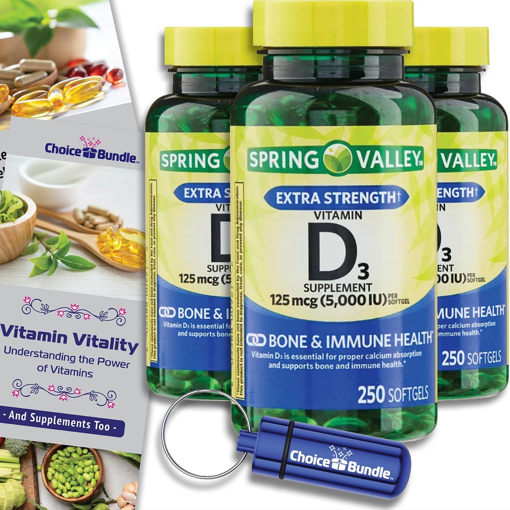 Spring Valley Vitamin D3 Softgels 125 mcg 5000 IU 250 Ct 3 pk (750 Total) + Vitamin Vitality & Pill Container (5 Items)!