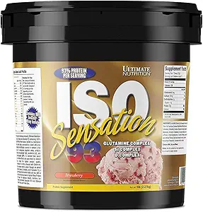 Ultimate Nutrition Iso Sensation 93 with Glutamine, Whey Protein Isolate Powder, 30 Grams of Protein, Low Carb Protein Shakes, Keto Friendly, 5 libras, Strawberry Flavoured