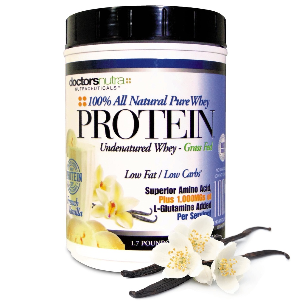 100% Pure Undenatured Grass Fed Whey Protein Low Carb Low Fat - Rich Vanilla Flavor No Artificial Sweeteners or Flavors Ultrafiltered with 1000 mg Added L-Glutamine