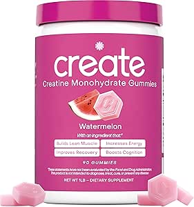 Create Creatine Monohydrate Gummies for Men &amp; Women - Boost Focus, Strength, and Endurance, Anti-Melting Formula, Vegan, Gluten-Free, Non-GMO, 1.5 Gram Creatine per Gummy (Watermelon, 90 ct)