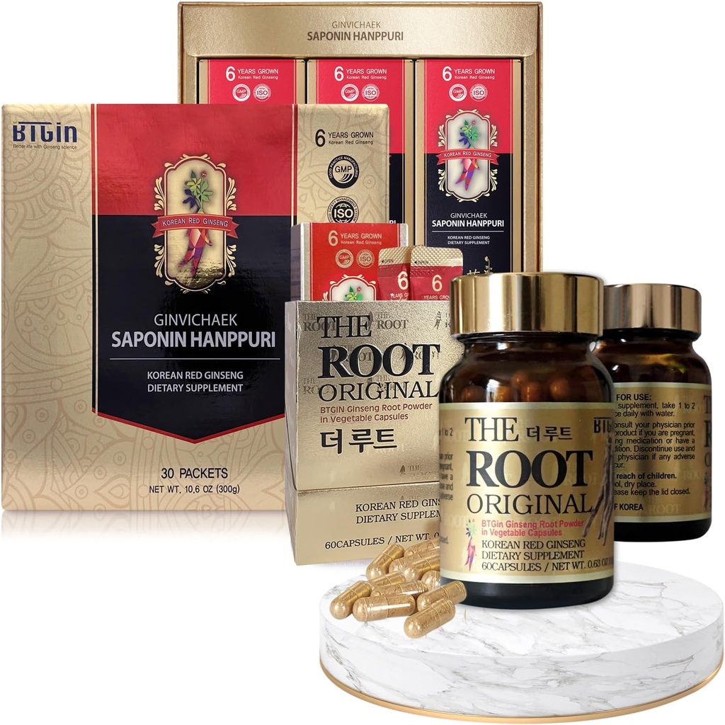 Coreana Red Ginseng Extracto 3000mg y Capsules Bundle - Saponin Hanppuri + The Root Original - Suplementos de Energía Natural para Apoyo Inmunitario, Relieve de Estrés, Enfoque & Claridad Mental con Ginsenoside Rg3