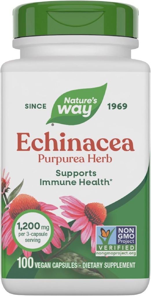 Nature's Way Echinacea Purpurea Herb, Immune Support Supplement*, 1200 mg per 3-capsule serving, Non-GMO Project Verified, Vegan, 100 Capsules (Packaging May Vary)