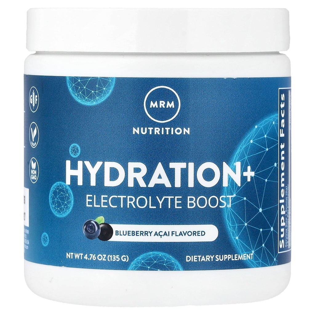 MRM Nutrition Hydration+ Electrolyte Powder Drink Mix - Cellular Hydration Support with Vitamins & Electrolytes, Vegan, Gluten-Free, Electrolyte Boost for Workouts - 15 Servings, Blueberry Acai Flavor