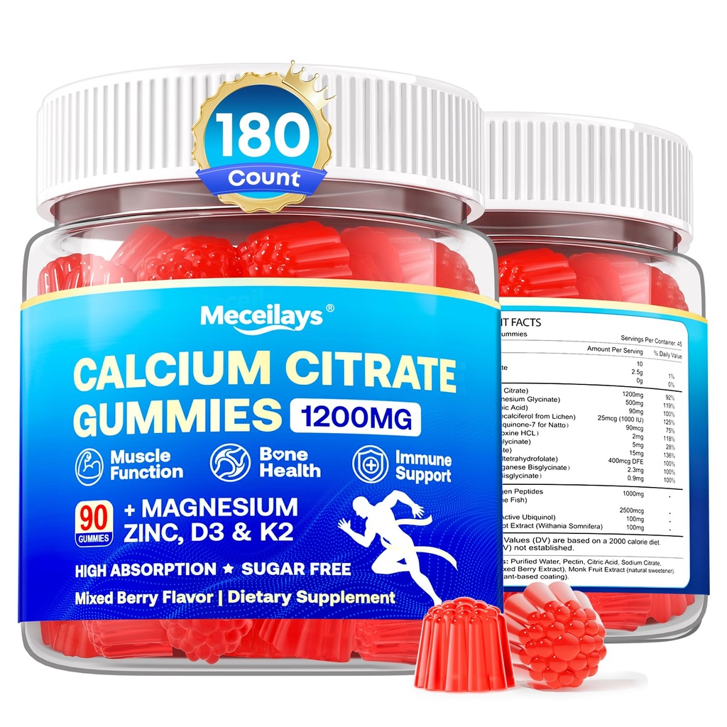 180 Count Calcium Citrate Gummies 1200 mg with Vitamin D3, K2, Magnesium & Zinc, High Absorption Calcium Supplements for Women & Men for B0ne, Muscle & Immune Support, Sugar Free, Mixed Berry Flavor